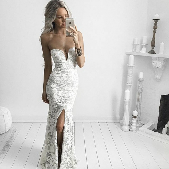 Mermaid Sweetheart Backless Floor-Length Split White Lace Prom Dress - Click Image to Close