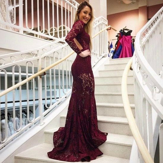 Mermaid High Neck Backless Long Sleeves Burgundy Lace Prom Dress with Beading - Click Image to Close