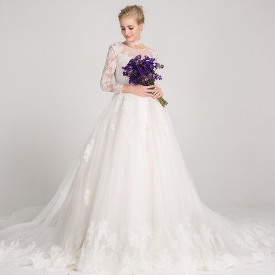 A-Line Round Neck Open Back 3/4 Sleeves Wedding Dress with Appliques