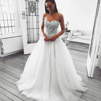 A-Line Sweetheart Sweep Train White Prom Dress with Appliques Beading