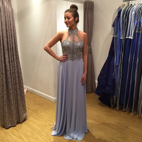 A-Line High Neck Backless Floor-Length Blue Prom Dress with Beading - Click Image to Close