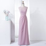 Sheath Round Neck Floor-Length Pink Bridesmaid Dress with Lace