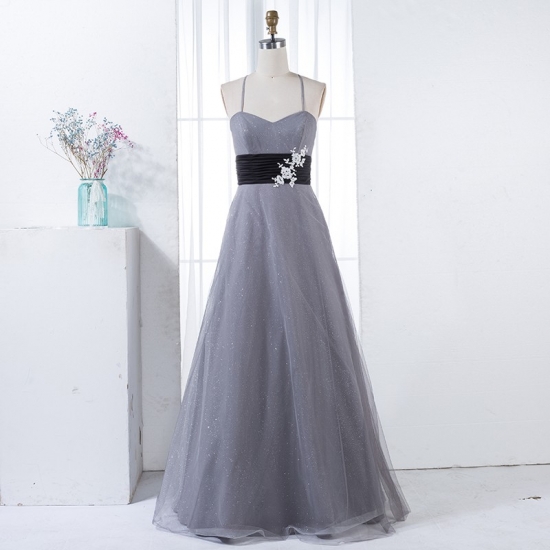 A-Line Spaghetti Straps Grey Tulle Long Bridesmaid Dress with Appliques - Click Image to Close