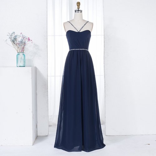 A-Line V-Neck Navy Blue Chiffon Long Bridesmaid Dress with Beading