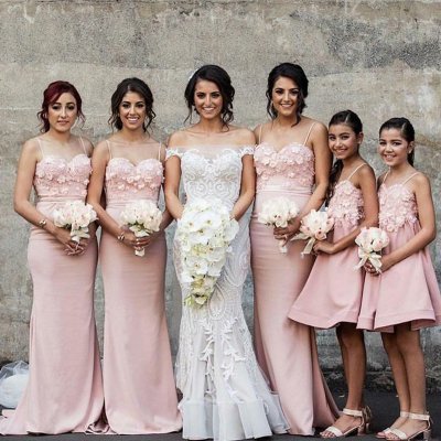 Mermaid Spaghetti Straps Sweep Train Pink Bridesmaid Dress with Appliques
