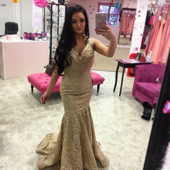 Mermaid V-Neck Sweep Train Criss-cross Straps Gold Lace Prom Dress - Click Image to Close