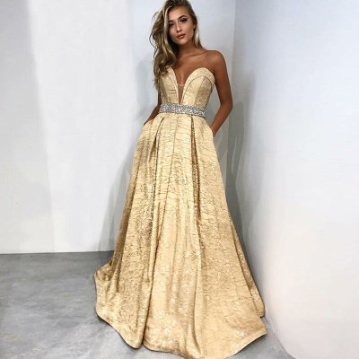 A-Line Sweetheart Sweep Train Champagne Prom Dress with Pockets