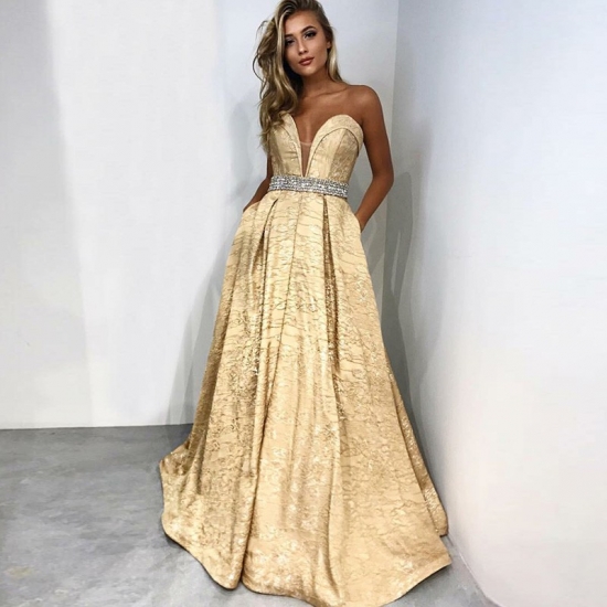A-Line Sweetheart Sweep Train Champagne Prom Dress with Pockets - Click Image to Close