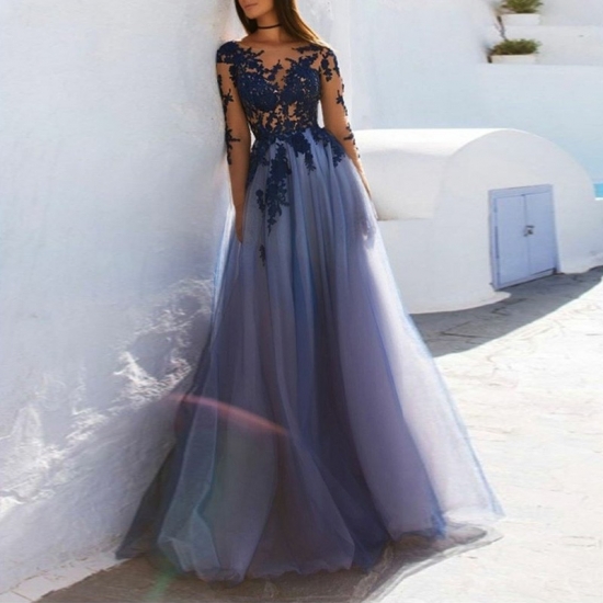 A-Line Bateau Long Sleeves Open Back Dark Blue Prom Dress with Appliques - Click Image to Close