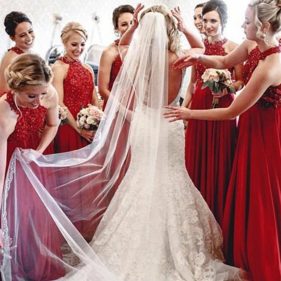 A-Line Round Neck Long Red Bridesmaid Dress with Appliques Sequins - Click Image to Close