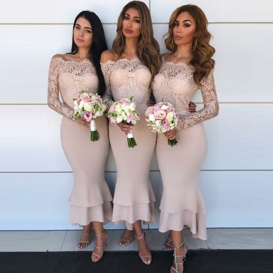 Mermaid Off-the-Shoulder Long Sleeves Blush Bridesmaid Dress with Lace - Click Image to Close