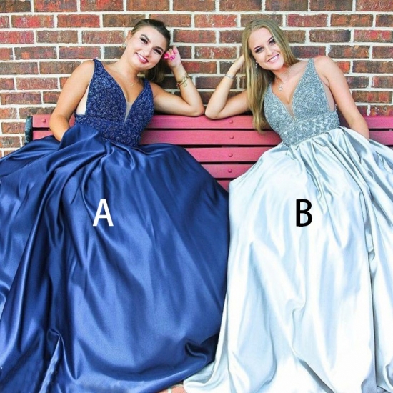 A-Line V-Neck Backless Dark Blue Prom Dress with Pockets Beading - Click Image to Close