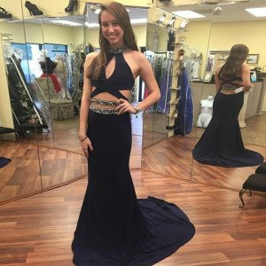Two Piece Round Neck Sweep Train Navy Blue Prom Dress with Beading
