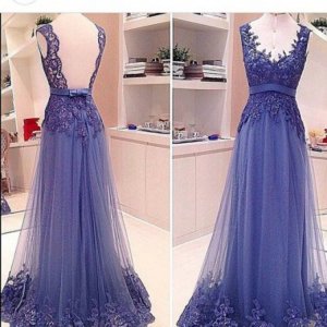 Classic A-Line Sweetheart Sweep Train Tulle Backless Purple Evening/Prom Dress With Appliques
