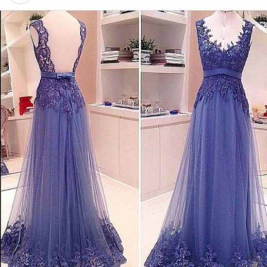 Classic A-Line Sweetheart Sweep Train Tulle Backless Purple Evening/Prom Dress With Appliques - Click Image to Close
