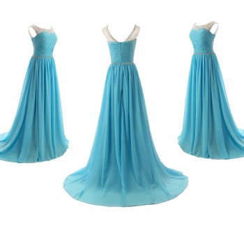 Elegant A-Line Scoop Long Chiffon Blue Evening/Prom Dress With Beading