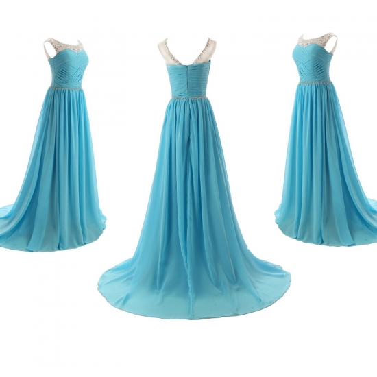 Elegant A-Line Scoop Long Chiffon Blue Evening/Prom Dress With Beading - Click Image to Close