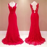Elegant Sweep Length Lace Sweetheart Backless Red Sheath Prom Dress With Ribbon