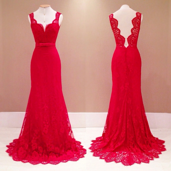 Elegant Sweep Length Lace Sweetheart Backless Red Sheath Prom Dress With Ribbon - Click Image to Close