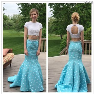 Dramatic Mermaid Scoop Short Sleeves Satin Blue Evening/Prom Dress With Beading