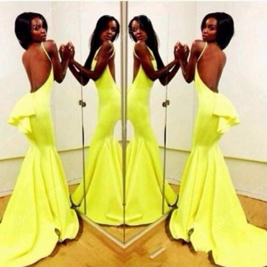 Mermaid Jewel Court Train Satin Backless Yellow Prom Dress With Ruffles - Click Image to Close