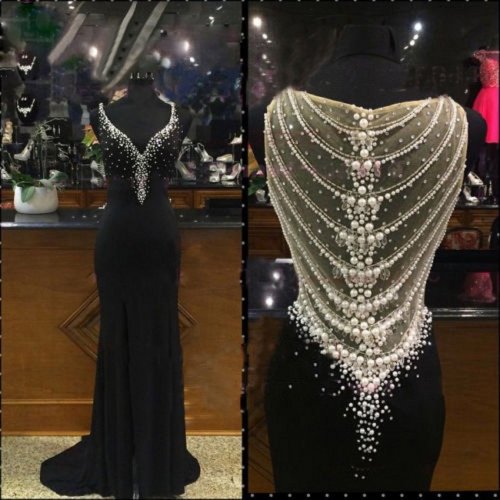 Gentle Straps Sweep Train Soft Chiffon Sheath Straps Black Prom Dress with Pearls