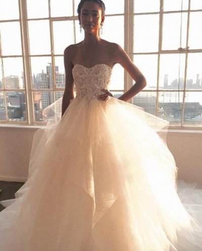 Long Tulle Wedding Dress with Appliques - White Ball Gown Strapless