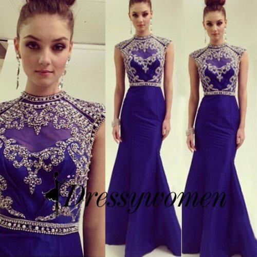 Long Satin Prom/Evening Dress - Royal Blue Mermaid High Neck with Beading