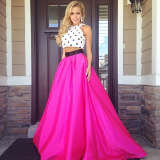 Elegant Long Taffeta Prom/Evening Dress - Fuchsia Two Piece with Dots - Click Image to Close