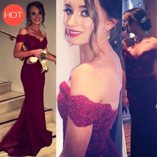 Mermaid Off-the-Shoulder Burgundy Sweep Train Prom Dress with Lace