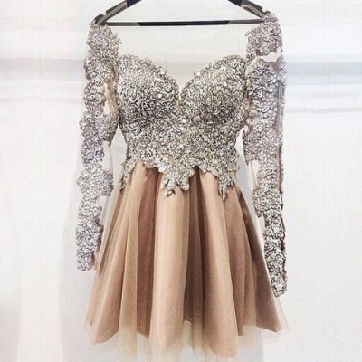 Short Cocktail/Prom/Homecoming Dress - Champagne Long Sleeves with Beaded