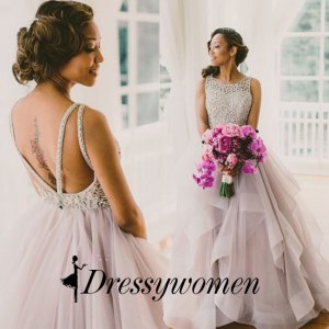 Ball Gown Round Neck Backless Long Wedding Dress with Beading