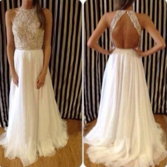Sexy Long Prom Dress - White A-Line Backless with Beaded - Click Image to Close