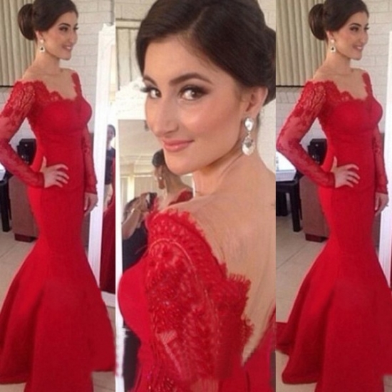 Elegant Mermaid Prom/Evening Dress - Red Backless Lace with Long Sleeve - Click Image to Close
