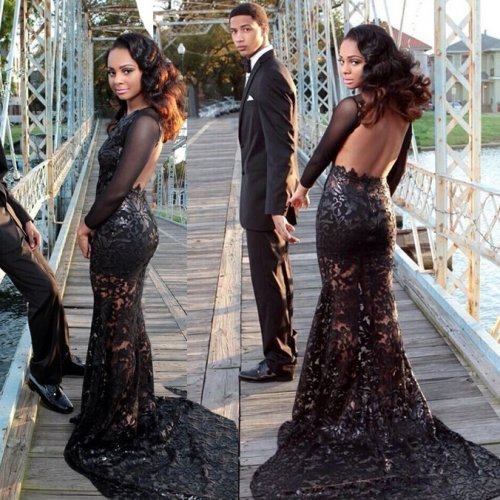 Sexy Backless Long Sleeves - Black Lace Prom Dress