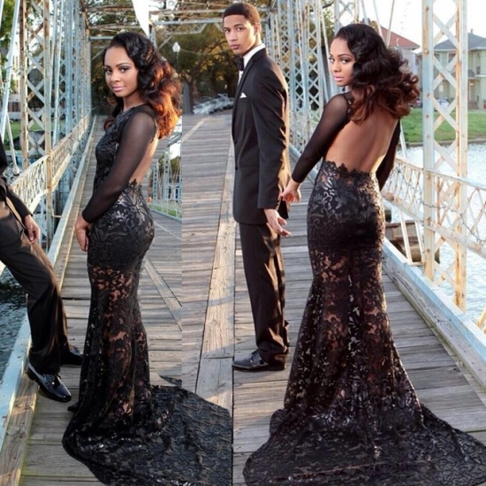 Sexy Backless Long Sleeves - Black Lace Prom Dress - Click Image to Close
