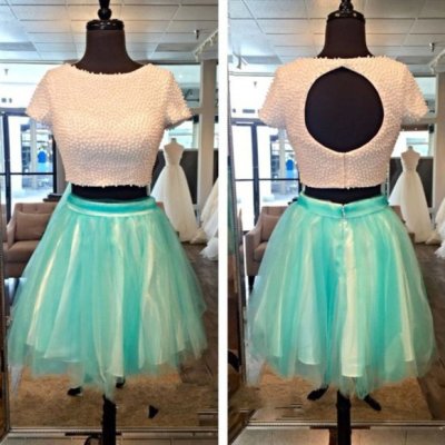 Modern Scoop Short Sleeves Pearls Top Two Piece Homecoming Dress