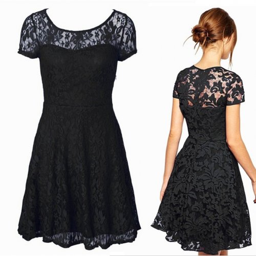 High Quality Black Lace Bridesmaid Dress with Short Sleeves