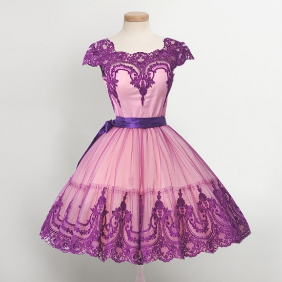 Vintage Ball Gown Cap Sleeves Purple Homecoming Dresses with Appliques - Click Image to Close