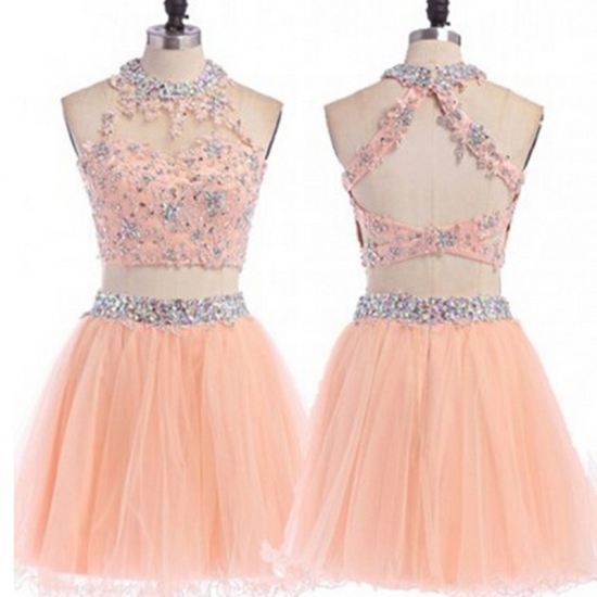 Exquisite Two Piece Short Open Back Homecoming Dresses with Beading Appliques - Click Image to Close