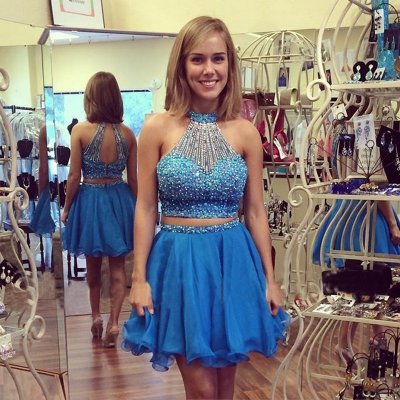 Stunning Two Piece Short Blue/Pink Homecoming Cocktail Dress with Pearls
