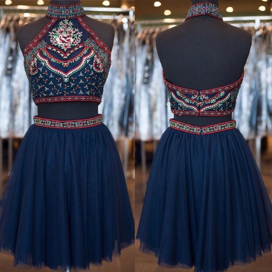 Cheap Sexy Short Two Piece Open Back Dark Navy Homecoming Dresses with Embroidery - Click Image to Close