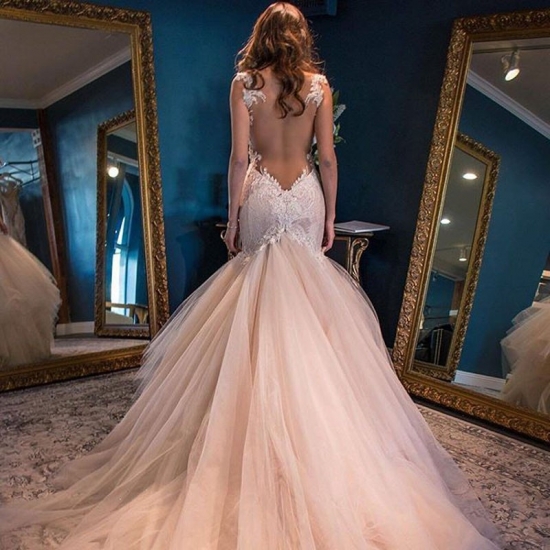 Elegant Sweetheart Watteau Train Mermaid Wedding Dress Backless with White Lace - Click Image to Close