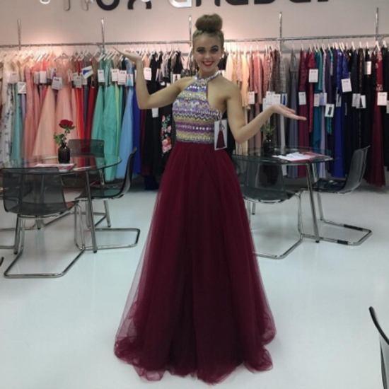 Awesome Halter Sleeveless Floor-Length Maroon Prom Dress with Beading - Click Image to Close