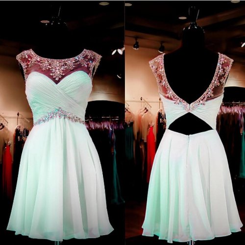 Fabulous Bateau Cap Sleeves Open Back Short Mint Homecoming Dress Beading Rhinestones