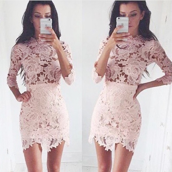 Fancy Scalloped Neck 3/4 Sleeves Pink Sheath Lace Homecoming Dress - Click Image to Close