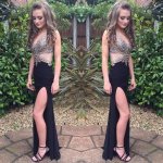 Sexy Black Split Side Prom Dress with Beaded for Women