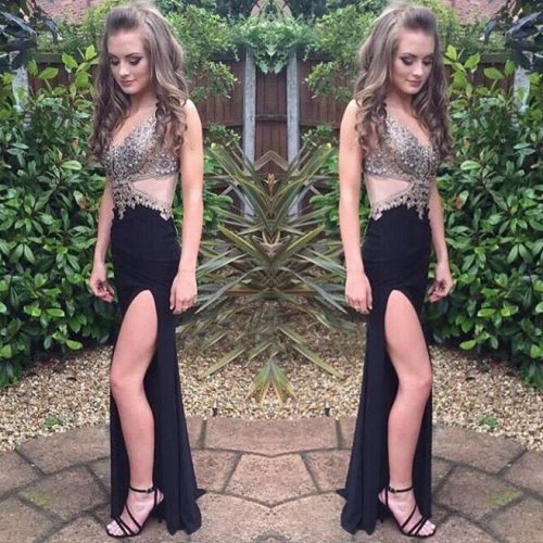 Sexy Black Split Side Prom Dress with Beaded for Women