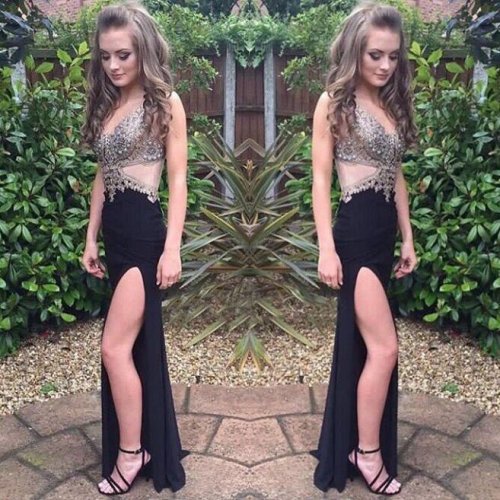 Sexy Black Split Side Prom Dress with Beaded for Women