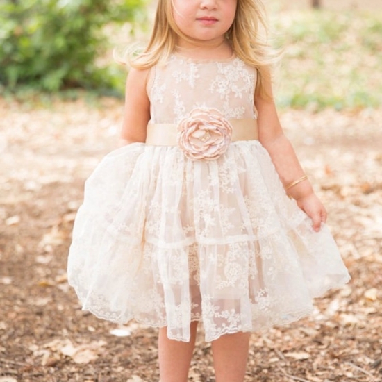 Short Lace Flower Girl Dress with Champagne Sash Flower Jewel Neck Sleevelss - Click Image to Close